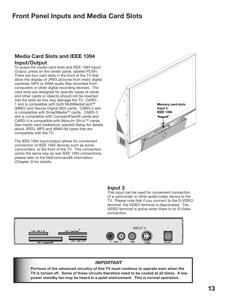 Front panel inputs and media card slots, Input 3, Media card slots and ieee 1394 input/output | MITSUBISHI ELECTRIC WD-52825 User Manual | Page 13 / 112