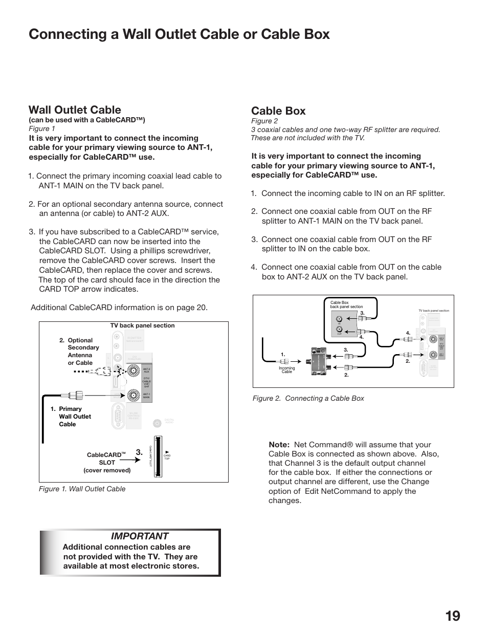 Connecting a wall outlet cable or cable box, Wall outlet cable, Cable box | Important, Can be used with a cablecard™) figure 1, Figure 1. wall outlet cable, Figure 2. connecting a cable box | MITSUBISHI ELECTRIC WD-52825 User Manual | Page 19 / 112