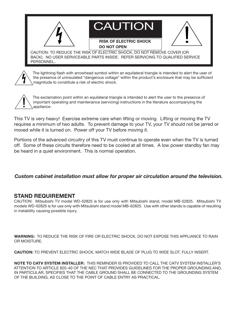 Caution, Stand requirement | MITSUBISHI ELECTRIC WD-52825 User Manual | Page 2 / 112