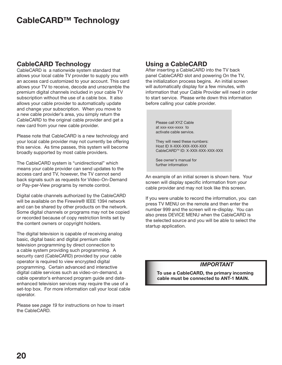 Cablecard™ technology, Using a cablecard, Cablecard technology | MITSUBISHI ELECTRIC WD-52825 User Manual | Page 20 / 112