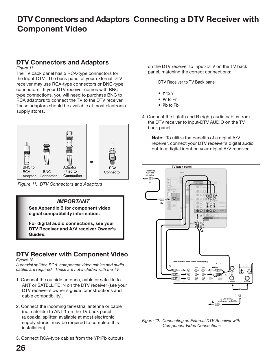 Dtv connectors and adaptors, Dtv receiver with component video, Important | Figure 11. dtv connectors and adaptors, Figure 11 | MITSUBISHI ELECTRIC WD-52825 User Manual | Page 26 / 112