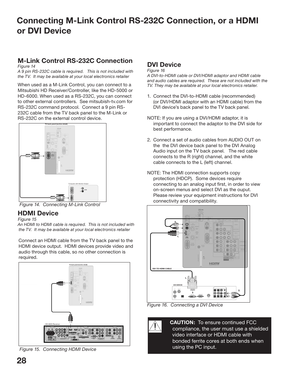 M-link control rs-232c connection, Hdmi device, Dvi device | Figure 15. connecting hdmi device, Figure 16. connecting a dvi device | MITSUBISHI ELECTRIC WD-52825 User Manual | Page 28 / 112