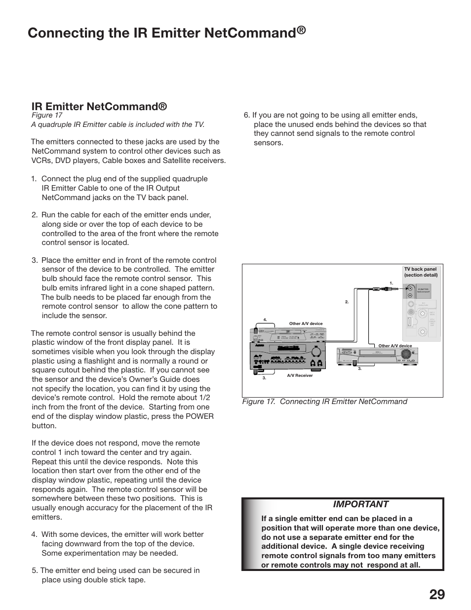 28 29 connecting the ir emitter netcommand, Ir emitter netcommand, Important | MITSUBISHI ELECTRIC WD-52825 User Manual | Page 29 / 112