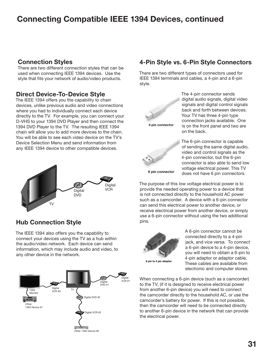 Connecting compatible ieee 1394 devices, continued, Pin style vs. 6-pin style connectors, Direct device-to-device style | Hub connection style, Connection styles | MITSUBISHI ELECTRIC WD-52825 User Manual | Page 31 / 112