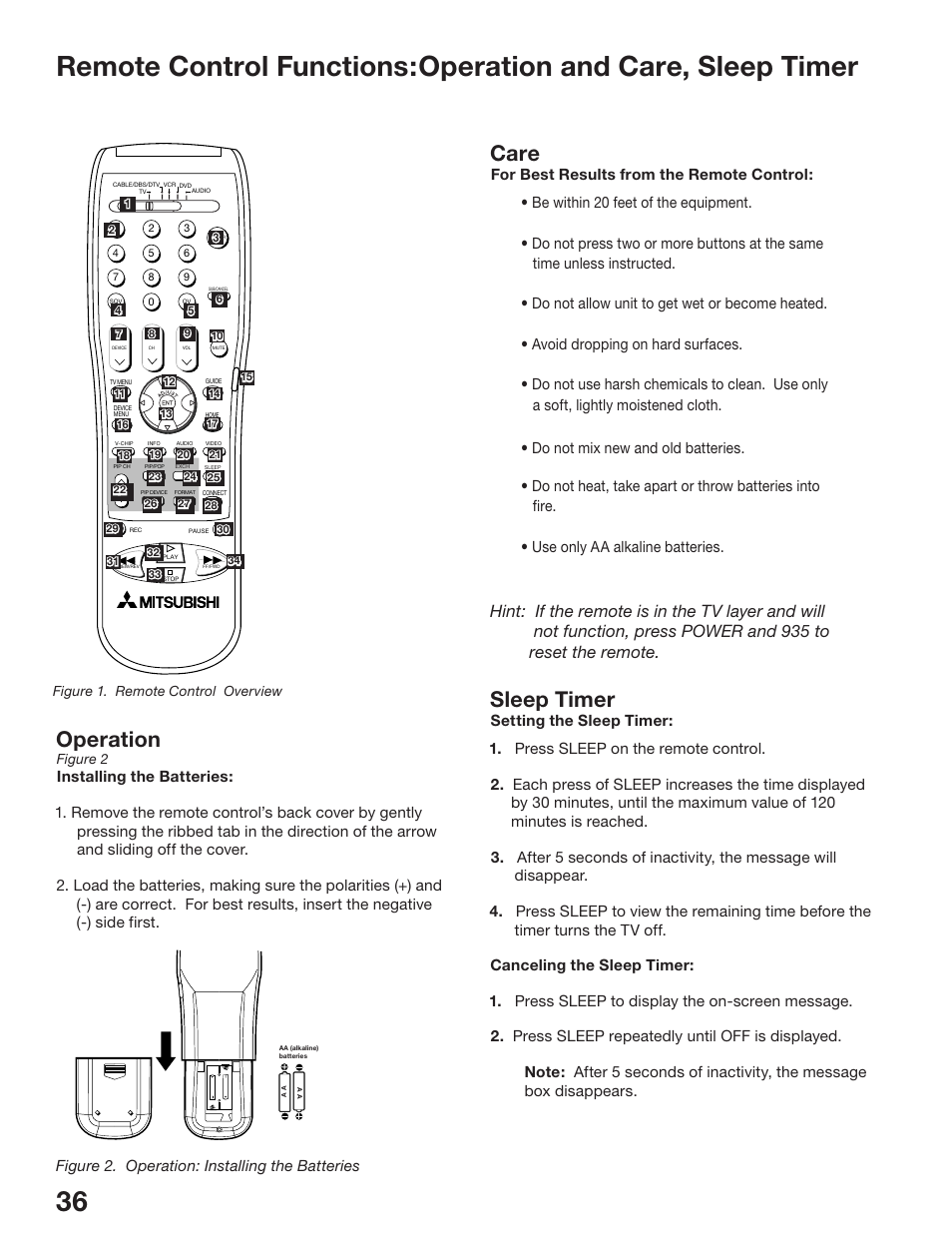 Operation, Sleep timer, Care | Figure 2. operation: installing the batteries | MITSUBISHI ELECTRIC WD-52825 User Manual | Page 36 / 112