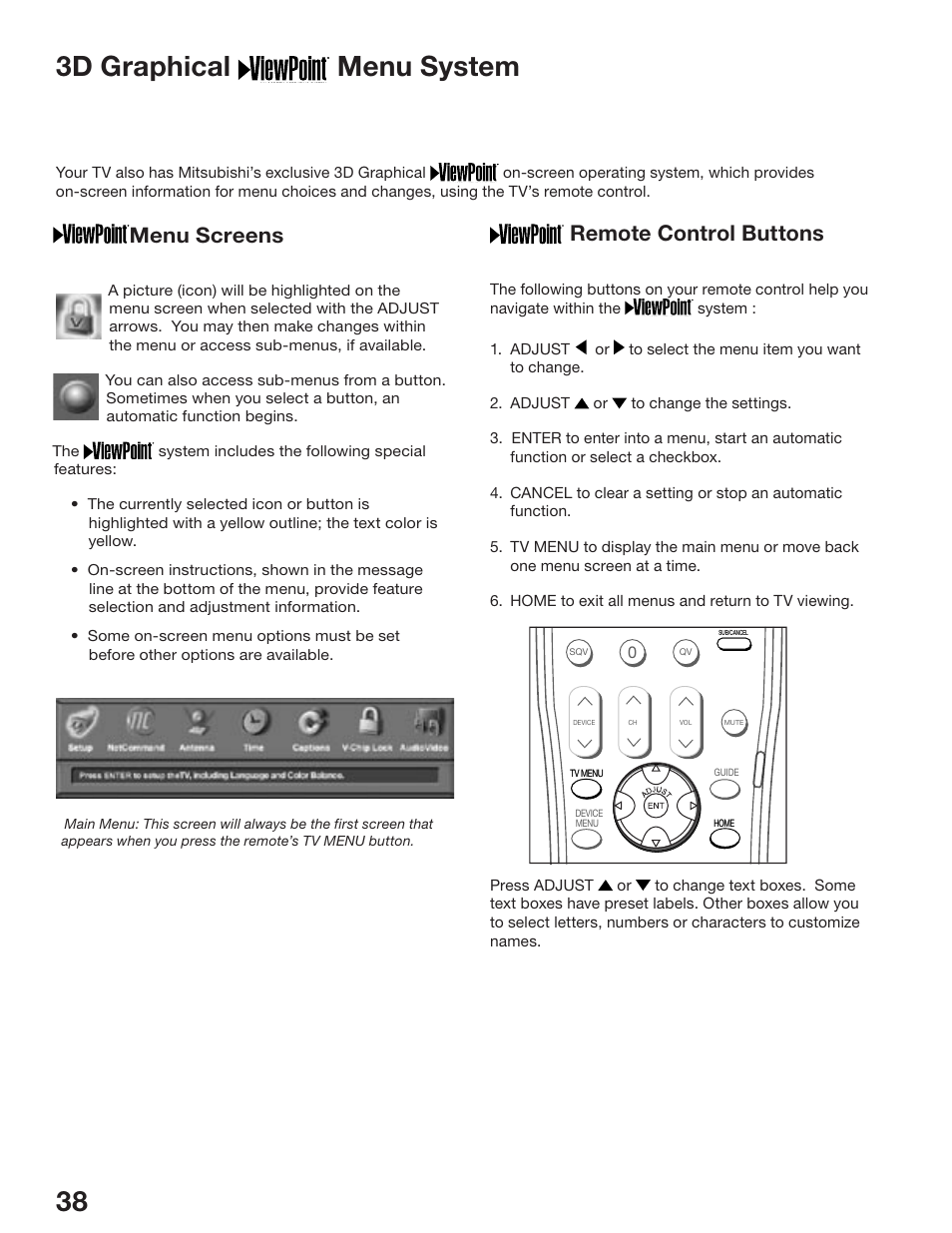 3d graphical menu system, Remote control buttons, Menu screens | MITSUBISHI ELECTRIC WD-52825 User Manual | Page 38 / 112