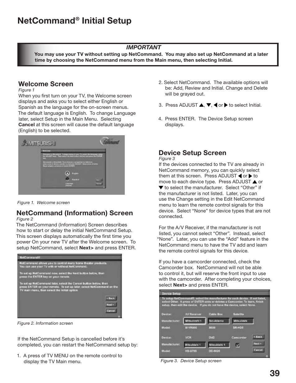 38 39 netcommand, Initial setup, Welcome screen | Netcommand (information) screen, Device setup screen | MITSUBISHI ELECTRIC WD-52825 User Manual | Page 39 / 112