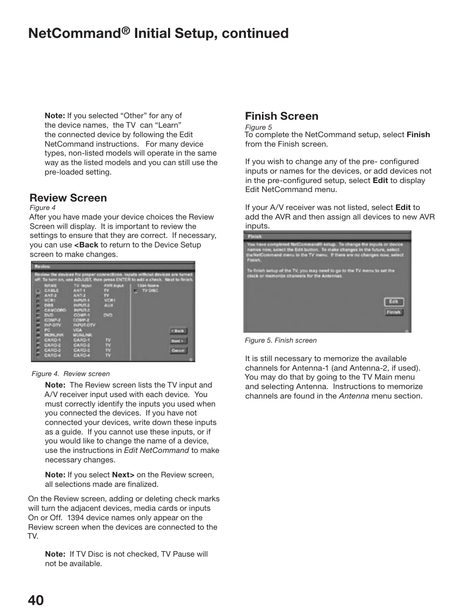 40 41 netcommand, Initial setup, continued, Review screen | Finish screen | MITSUBISHI ELECTRIC WD-52825 User Manual | Page 40 / 112