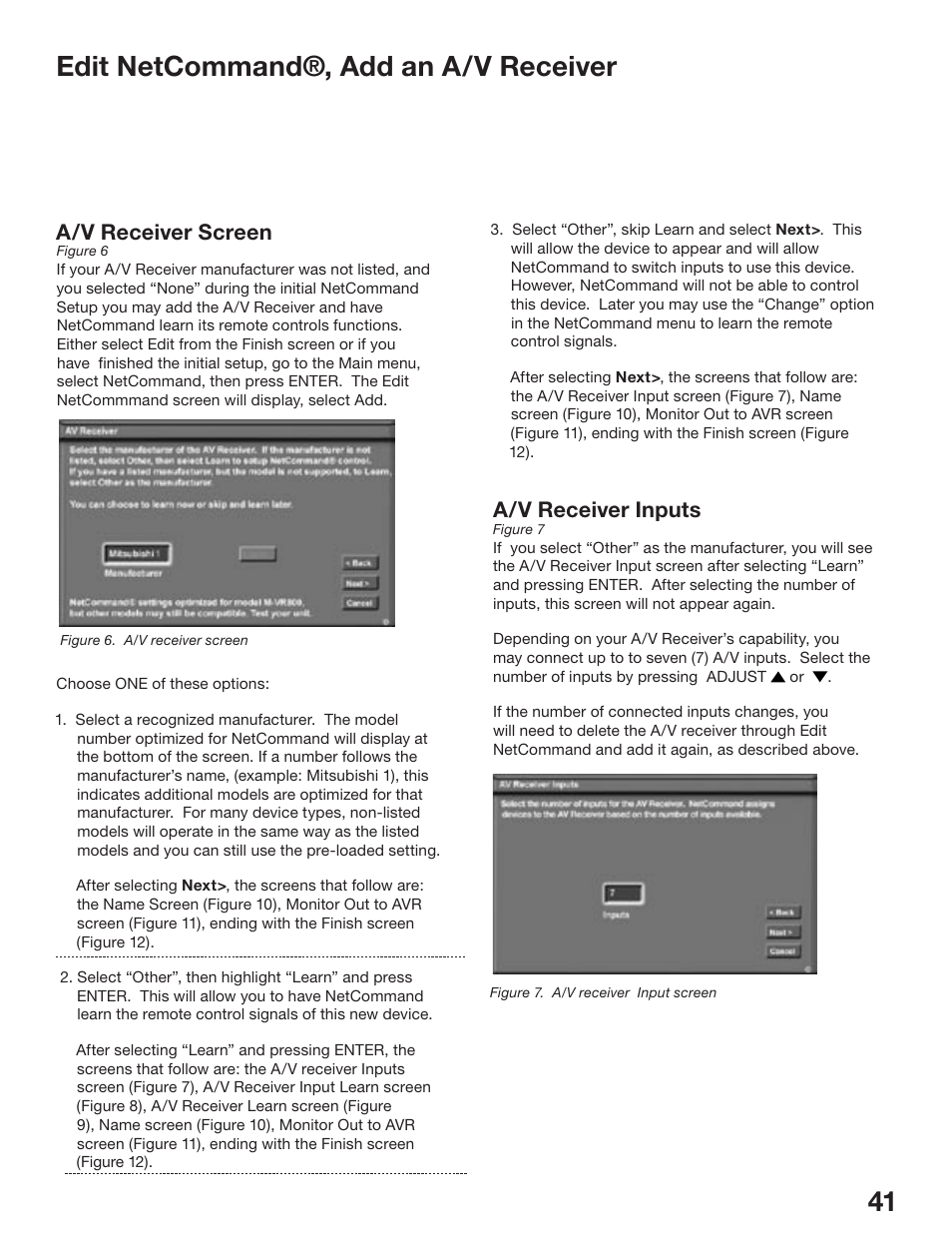 40 41 edit netcommand®, add an a/v receiver, A/v receiver screen, A/v receiver inputs | MITSUBISHI ELECTRIC WD-52825 User Manual | Page 41 / 112