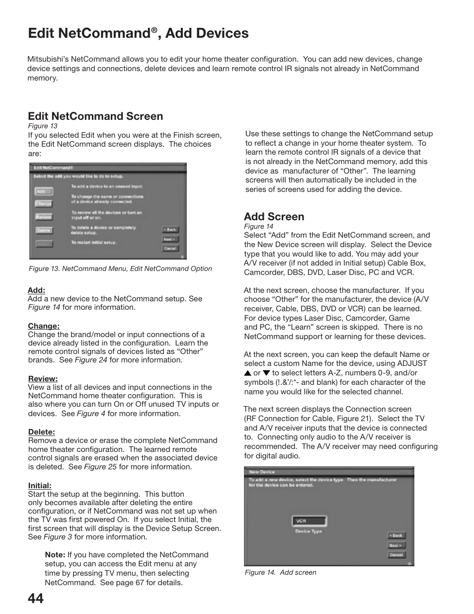 Edit netcommand, Add devices, Add screen | Edit netcommand screen | MITSUBISHI ELECTRIC WD-52825 User Manual | Page 44 / 112