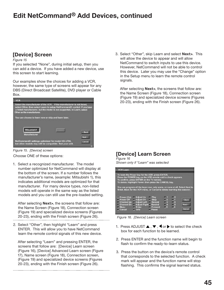 Edit netcommand, Add devices, continued, Device] screen | Device] learn screen | MITSUBISHI ELECTRIC WD-52825 User Manual | Page 45 / 112