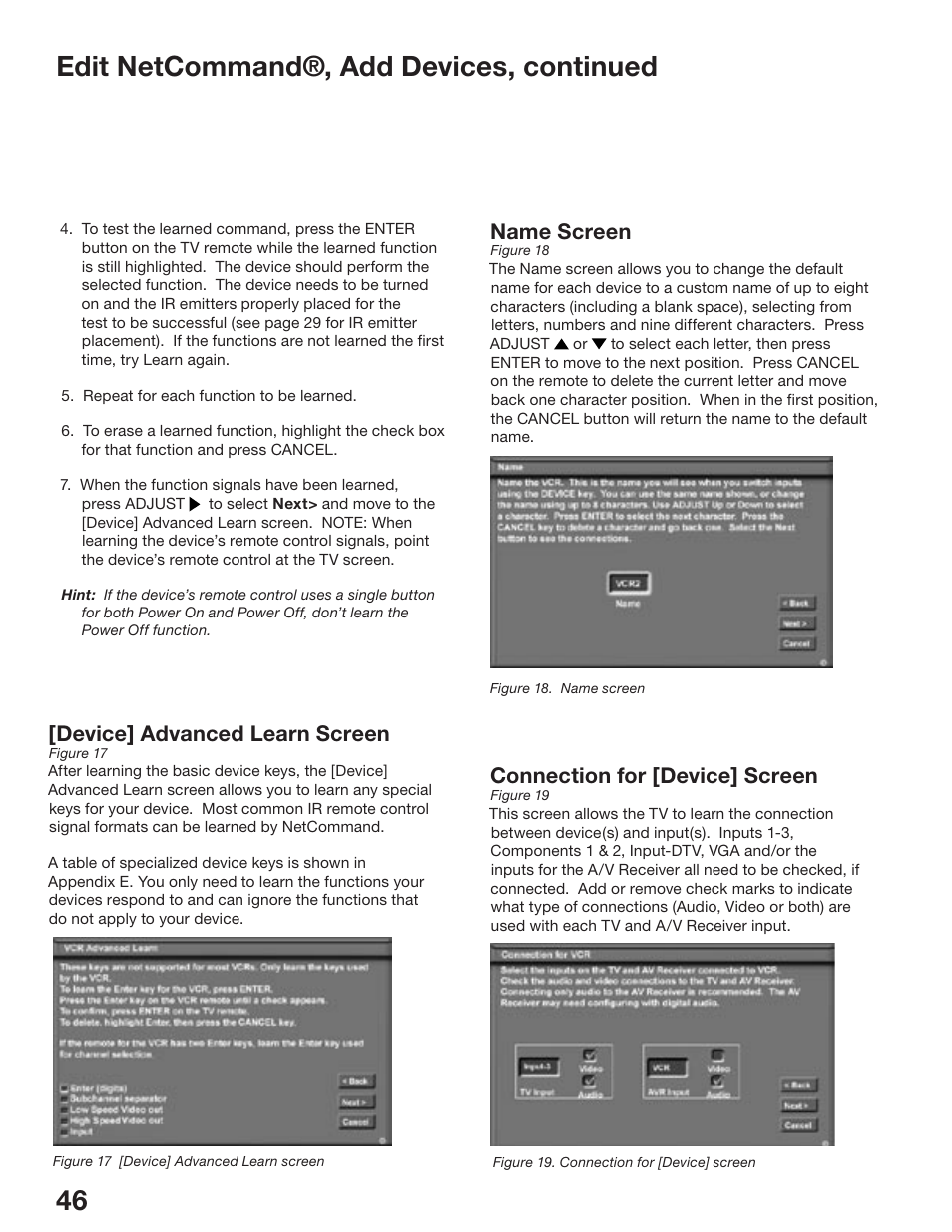 Edit netcommand®, add devices, continued, Connection for [device] screen, Name screen | Device] advanced learn screen | MITSUBISHI ELECTRIC WD-52825 User Manual | Page 46 / 112