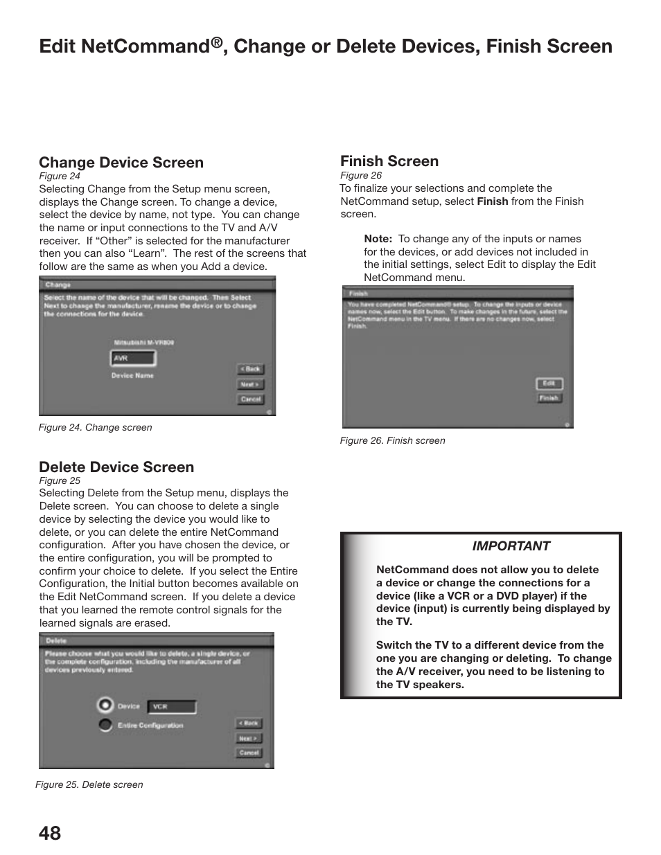 Chapter, Edit netcommand, Change or delete devices, finish screen | MITSUBISHI ELECTRIC WD-52825 User Manual | Page 48 / 112