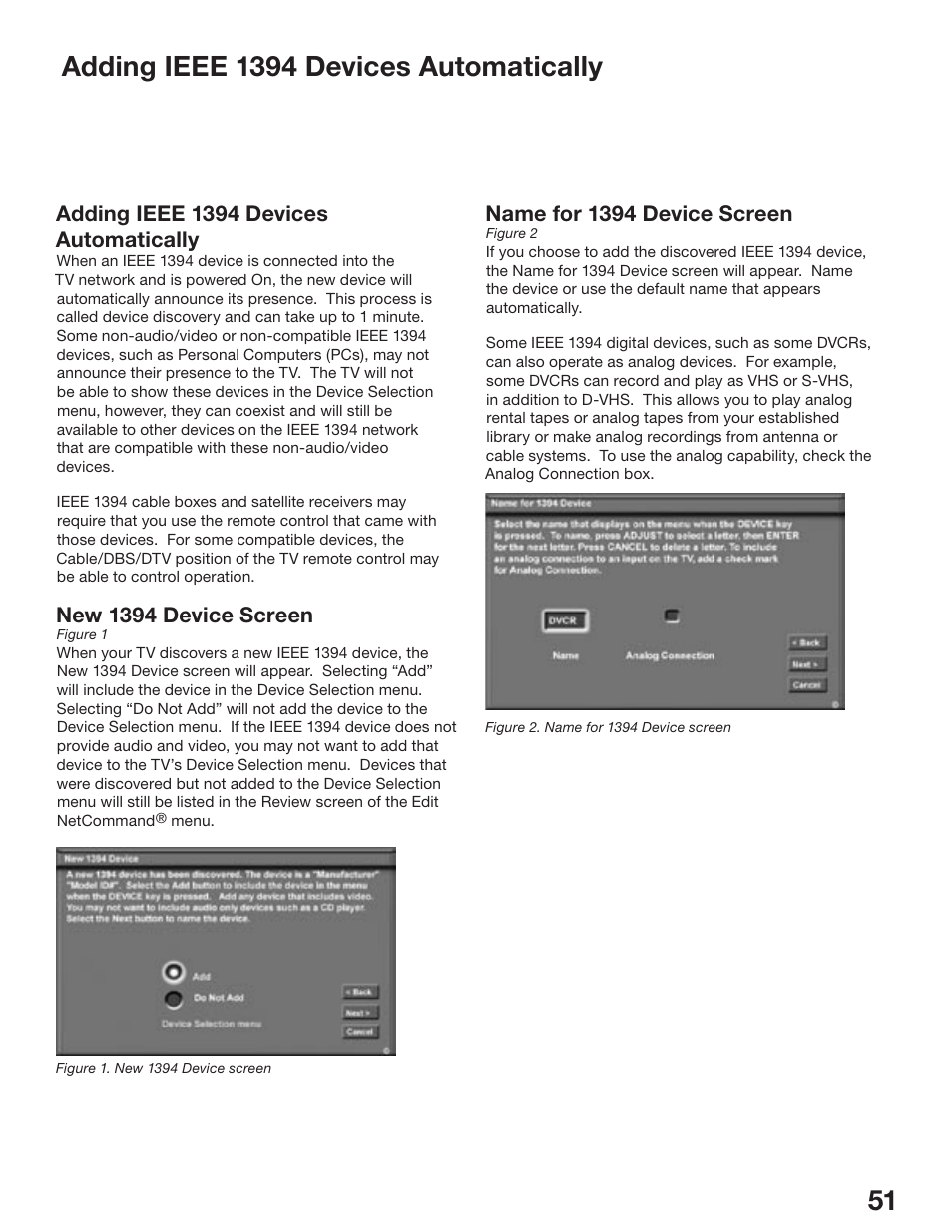 New 1394 device screen, Name for 1394 device screen, Adding ieee 1394 devices automatically | MITSUBISHI ELECTRIC WD-52825 User Manual | Page 51 / 112