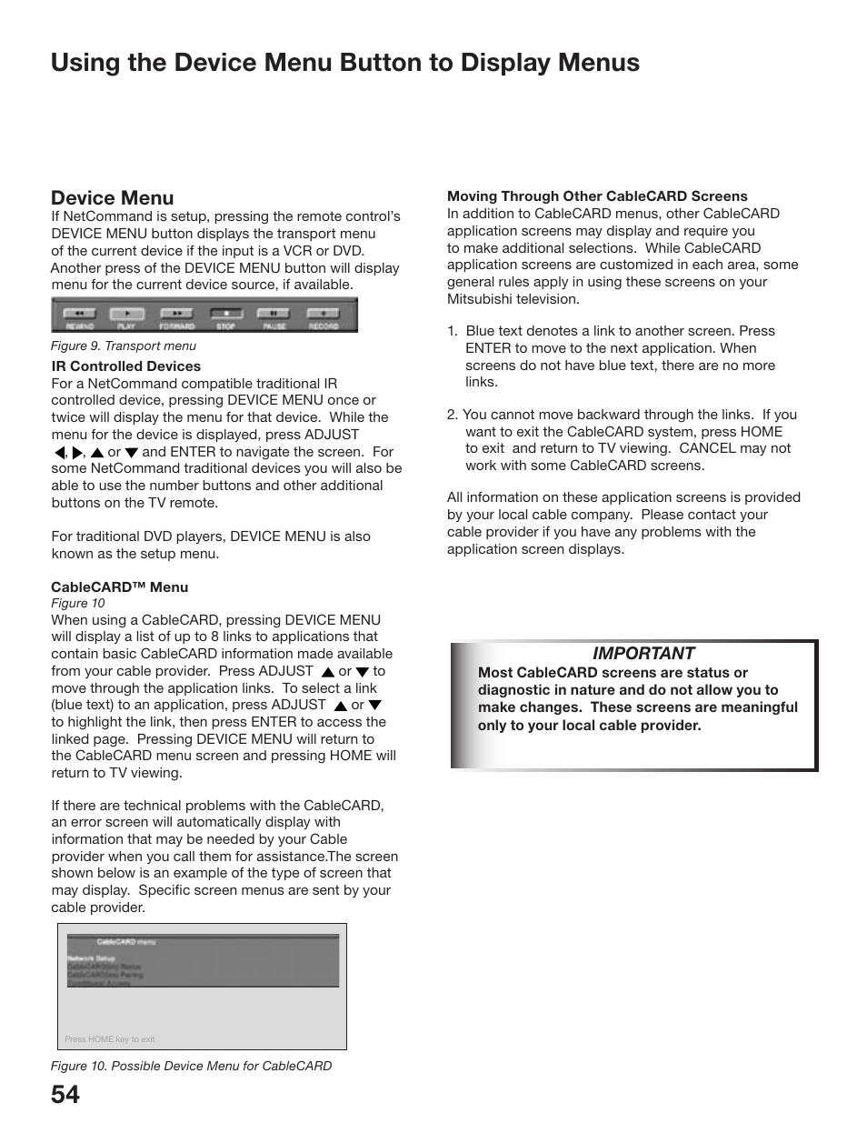 Using the device menu button to display menus, Device menu | MITSUBISHI ELECTRIC WD-52825 User Manual | Page 54 / 112