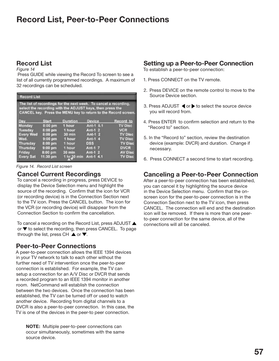 Record list, peer-to-peer connections, Record list, Cancel current recordings | Peer-to-peer connections, Setting up a peer-to-peer connection, Canceling a peer-to-peer connection | MITSUBISHI ELECTRIC WD-52825 User Manual | Page 57 / 112