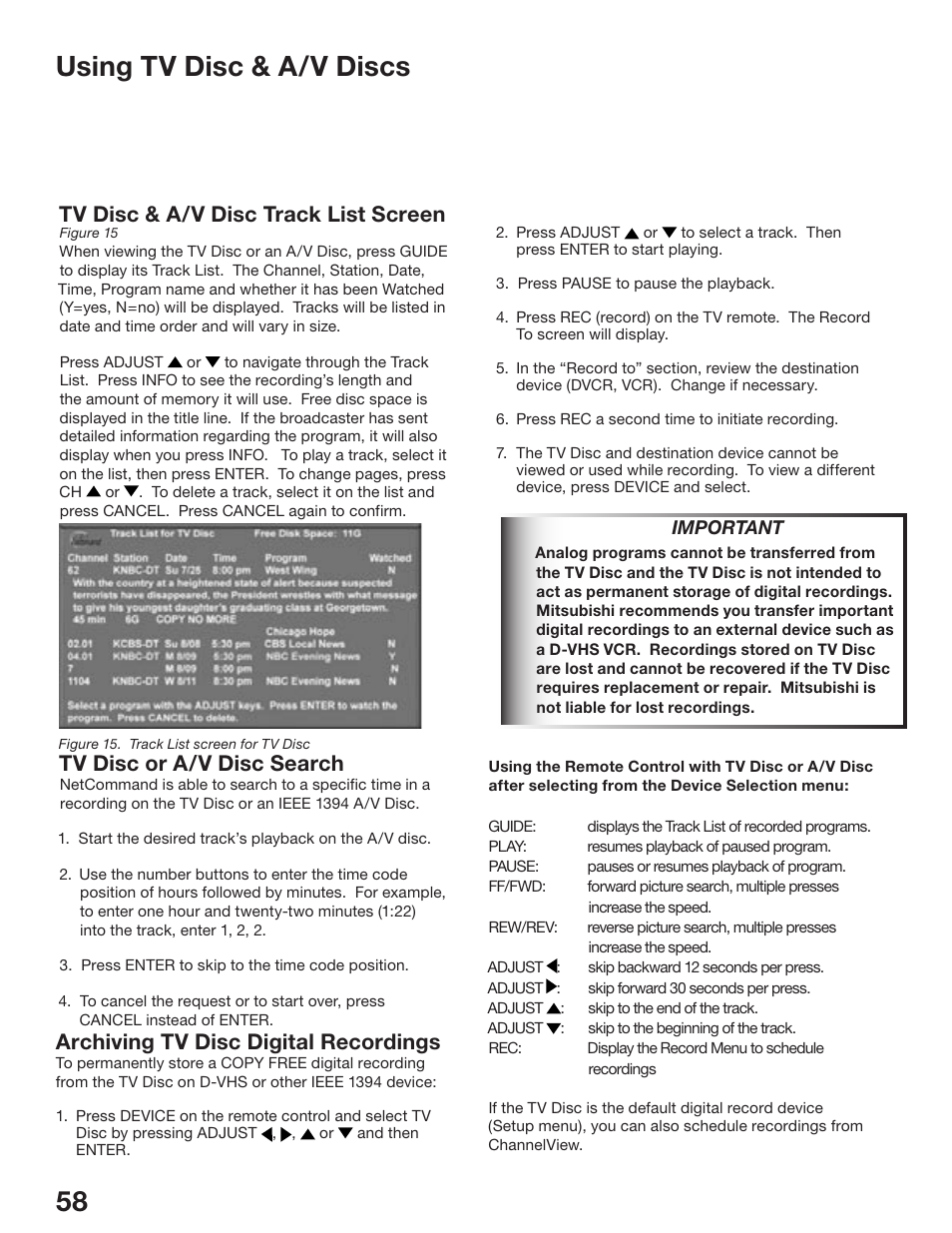 58 59 using tv disc & a/v discs, Tv disc or a/v disc search, Tv disc & a/v disc track list screen | Archiving tv disc digital recordings | MITSUBISHI ELECTRIC WD-52825 User Manual | Page 58 / 112