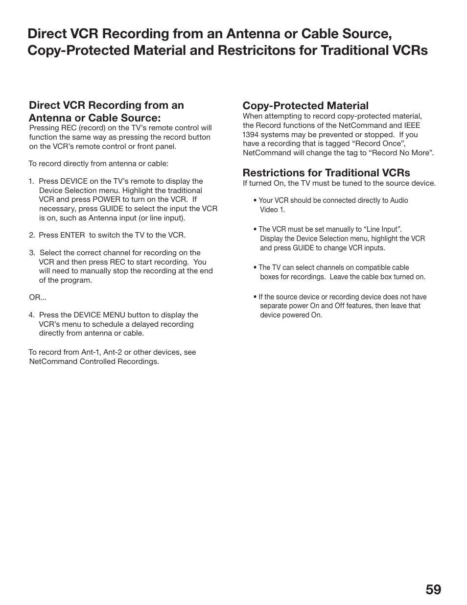 Copy-protected material, Restrictions for traditional vcrs | MITSUBISHI ELECTRIC WD-52825 User Manual | Page 59 / 112