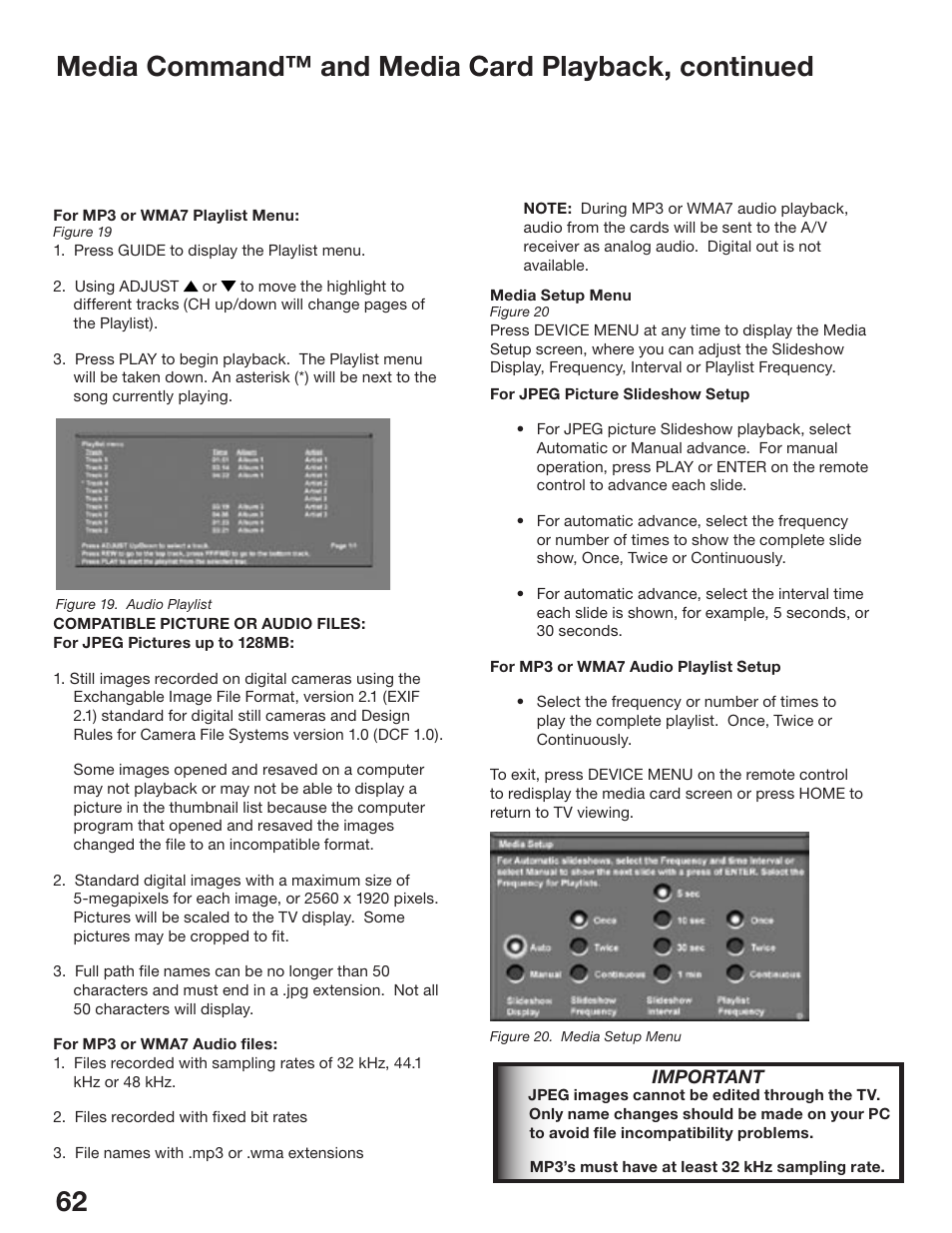 Chapter, Media command™ and media card playback, continued | MITSUBISHI ELECTRIC WD-52825 User Manual | Page 62 / 112