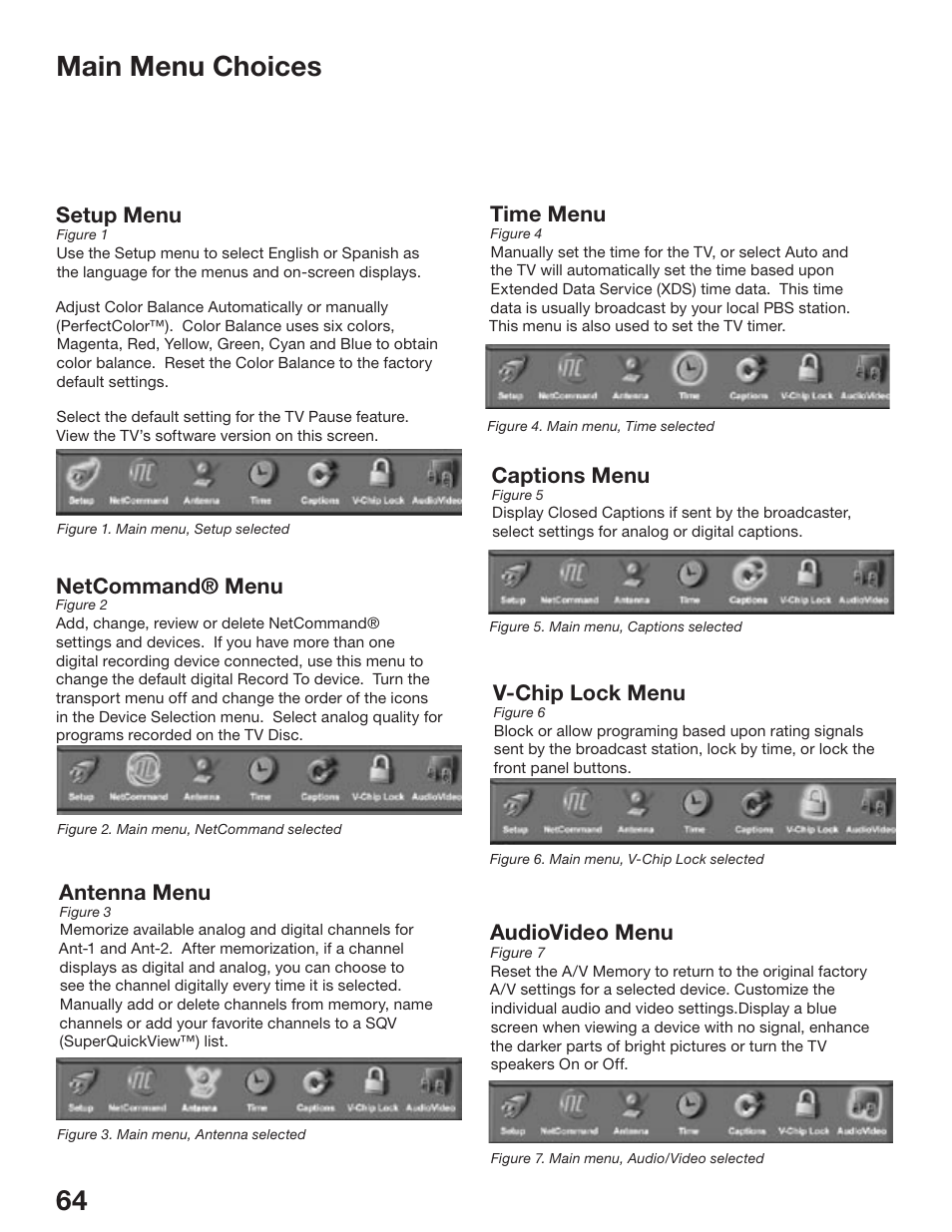 64 65 main menu choices, Setup menu, Time menu | Captions menu, V-chip lock menu, Audiovideo menu, Netcommand® menu, Antenna menu | MITSUBISHI ELECTRIC WD-52825 User Manual | Page 64 / 112