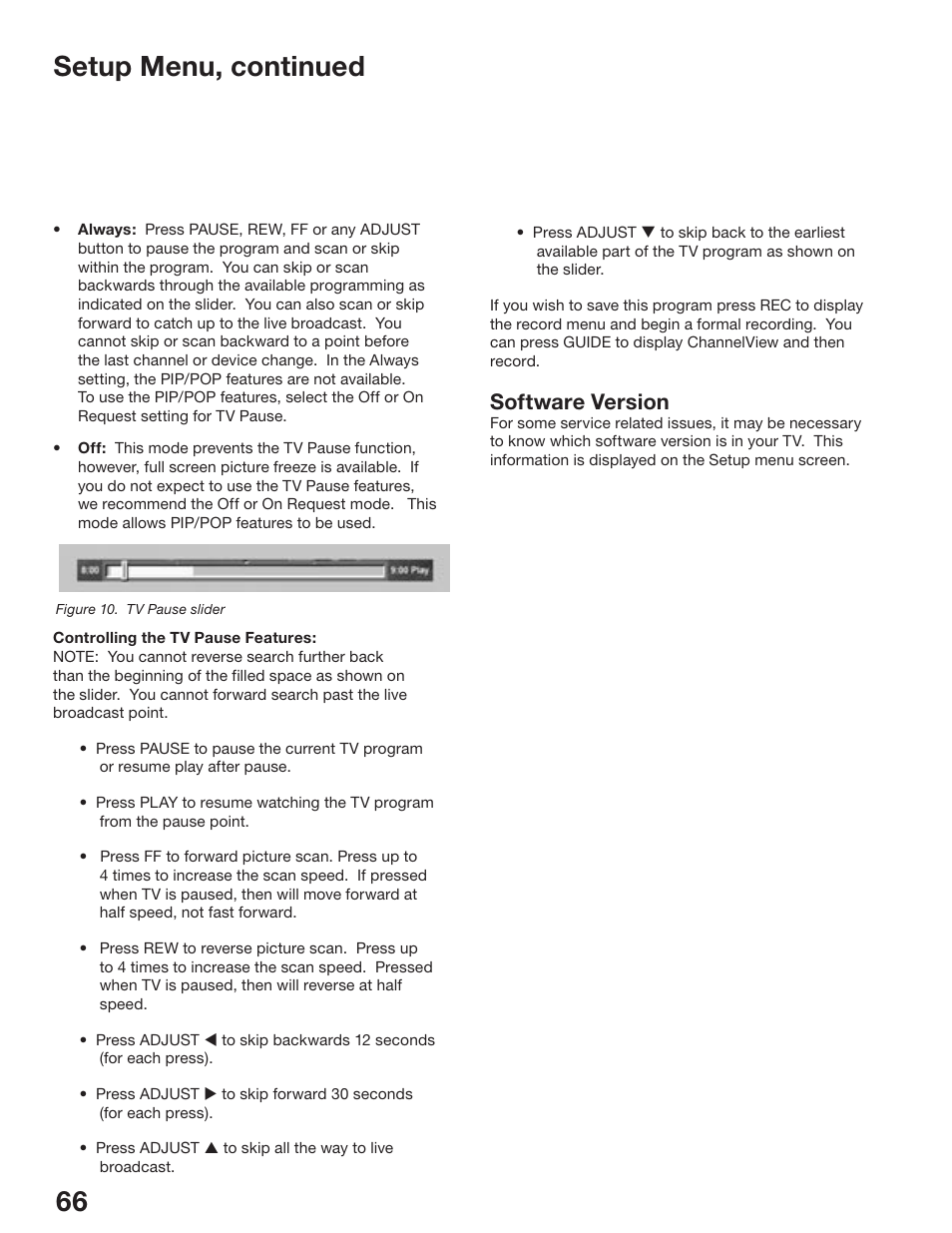 Setup menu, continued, Software version | MITSUBISHI ELECTRIC WD-52825 User Manual | Page 66 / 112