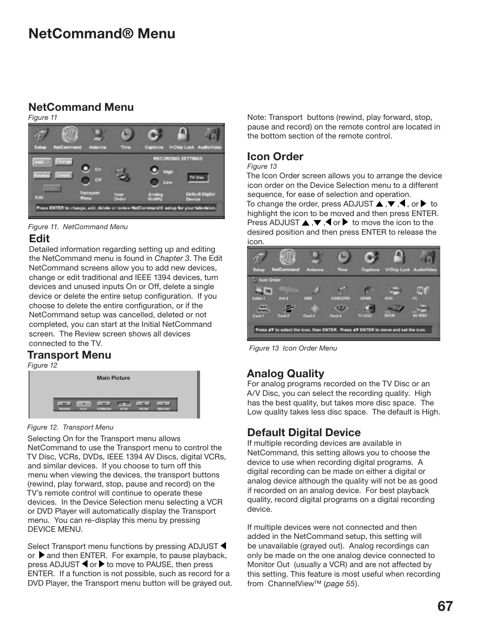 Netcommand® menu, Icon order, Analog quality | Default digital device, Transport menu, Netcommand menu, Edit | MITSUBISHI ELECTRIC WD-52825 User Manual | Page 67 / 112