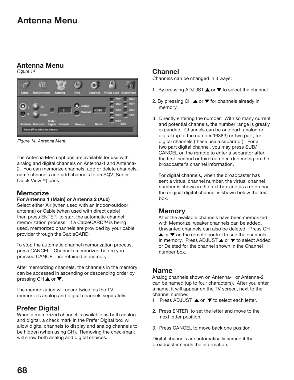 Name, Antenna menu, Prefer digital | Channel | MITSUBISHI ELECTRIC WD-52825 User Manual | Page 68 / 112