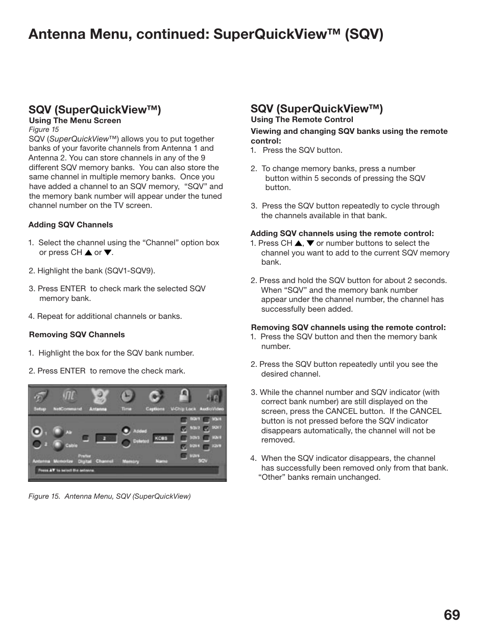 Antenna menu, continued: superquickview™ (sqv), Sqv (superquickview™) | MITSUBISHI ELECTRIC WD-52825 User Manual | Page 69 / 112