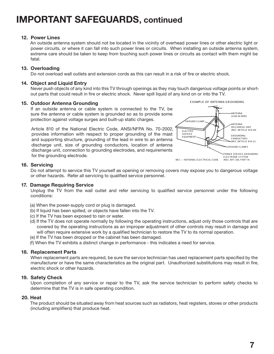 Important safeguards, Continued | MITSUBISHI ELECTRIC WD-52825 User Manual | Page 7 / 112