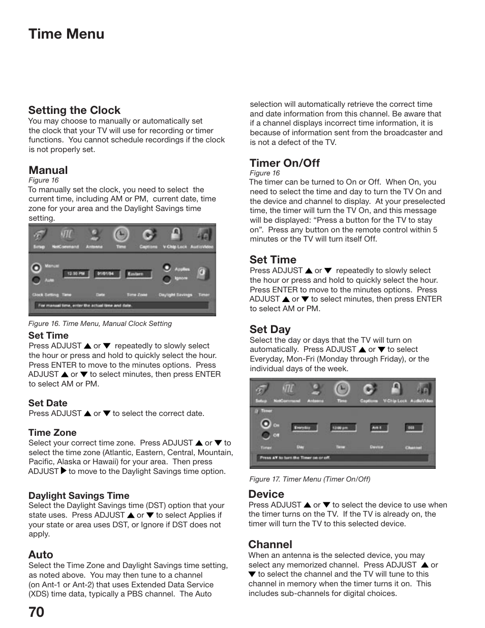 Time menu, Setting the clock, Manual | Auto, Device, Channel, Timer on/off, Set time, Set day | MITSUBISHI ELECTRIC WD-52825 User Manual | Page 70 / 112