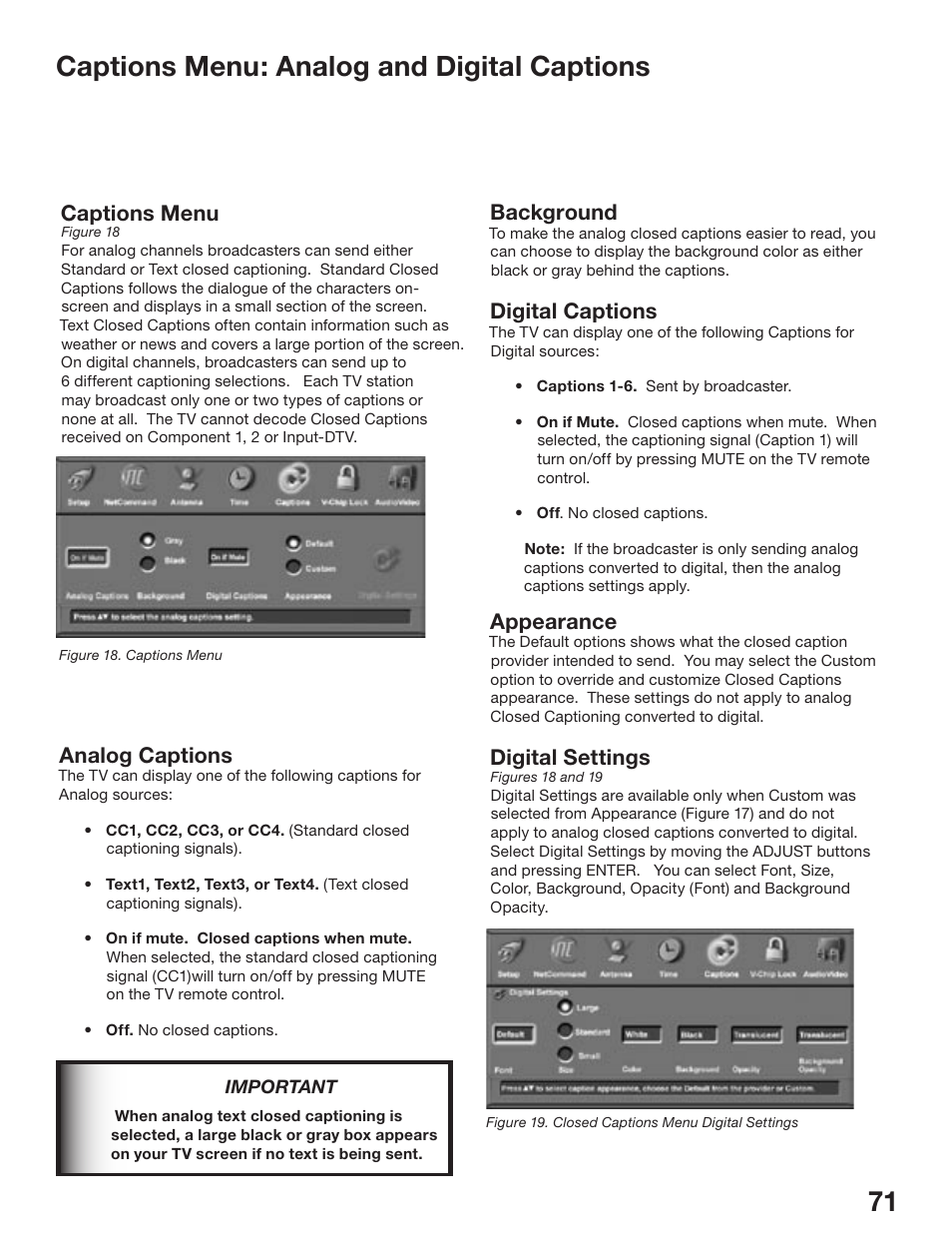 70 71 captions menu: analog and digital captions, Captions menu, Analog captions | Background, Digital captions, Appearance, Digital settings | MITSUBISHI ELECTRIC WD-52825 User Manual | Page 71 / 112