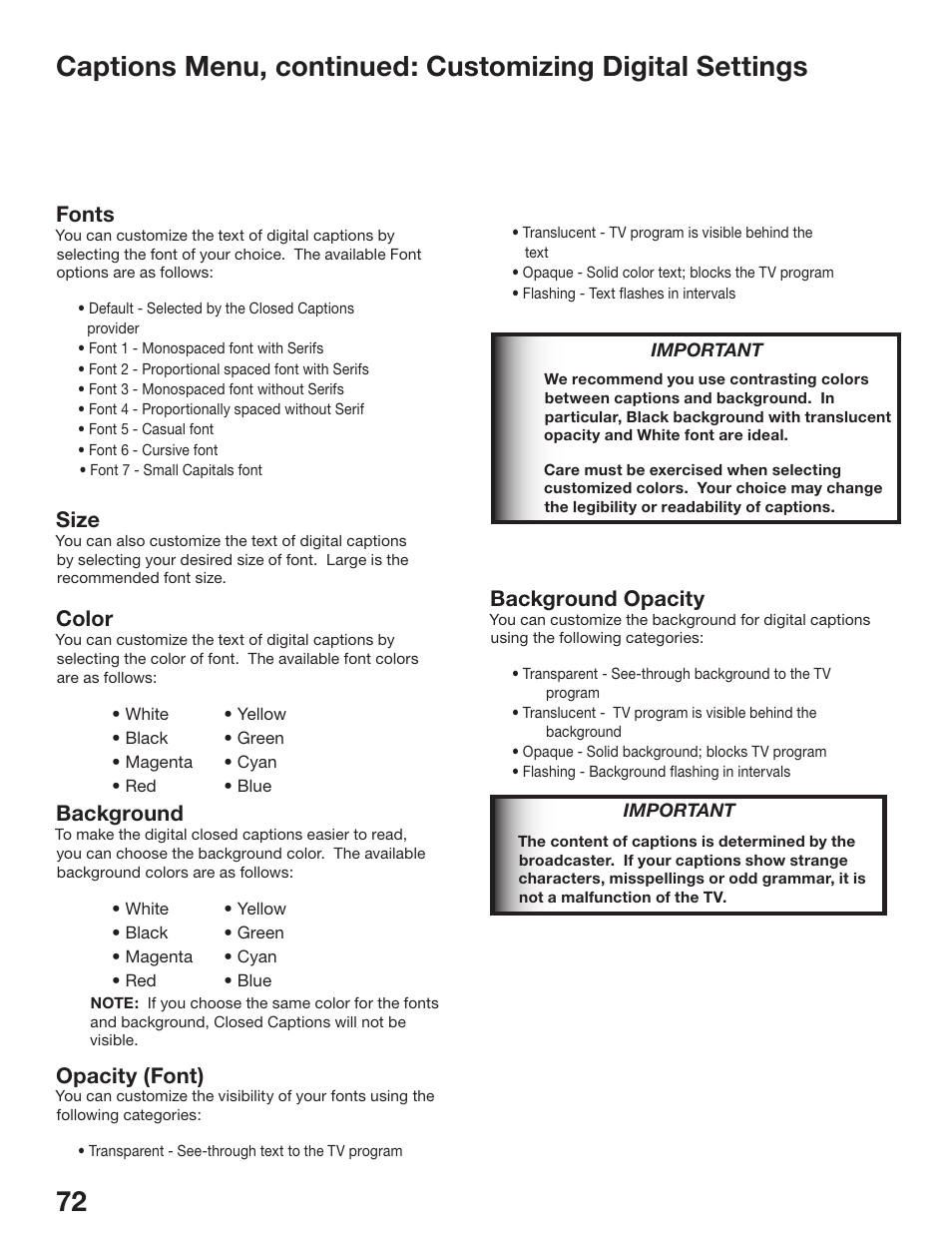 Fonts, Size, Color | Background, Opacity (font), Background opacity | MITSUBISHI ELECTRIC WD-52825 User Manual | Page 72 / 112