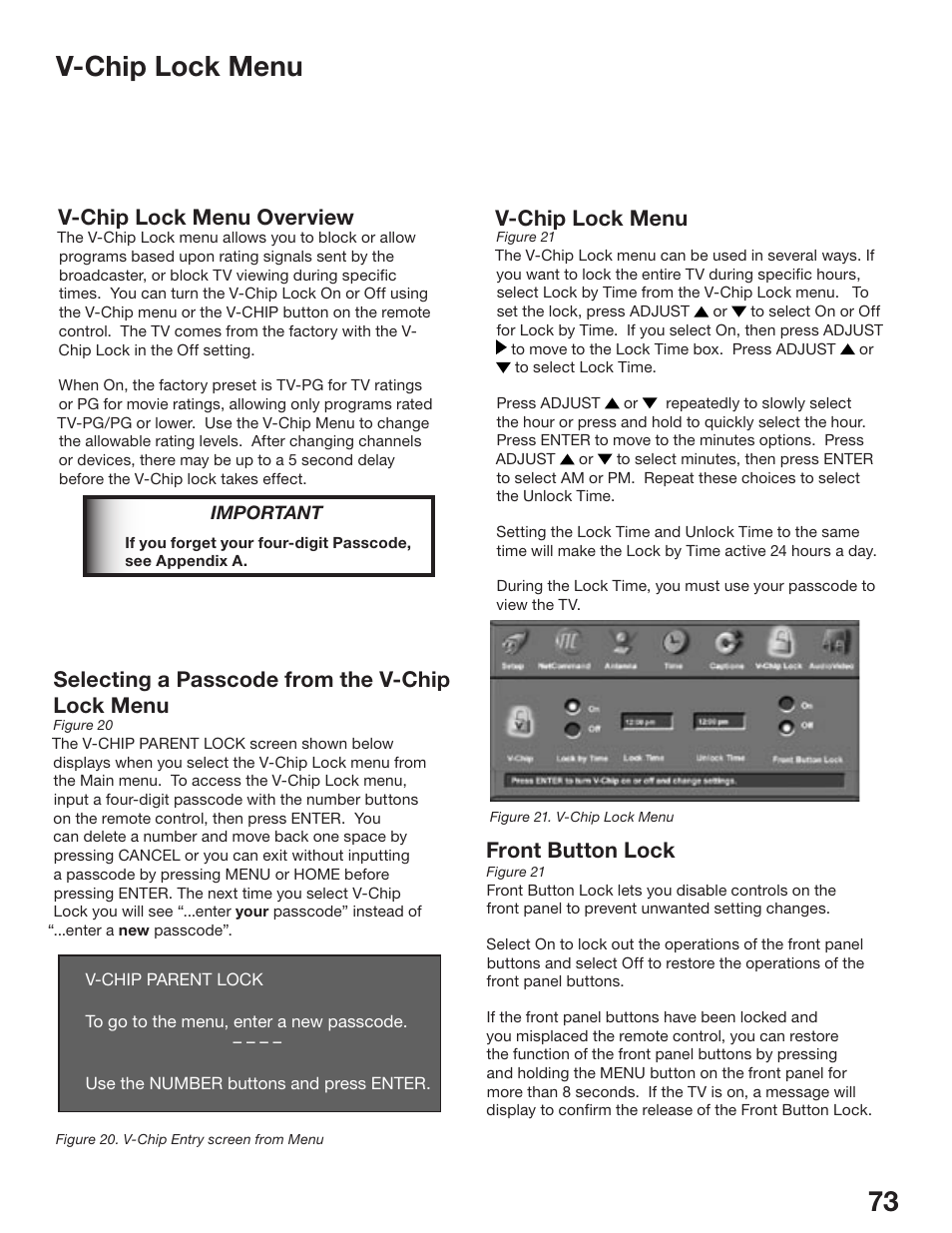 72 73 v-chip lock menu, V-chip lock menu overview, Selecting a passcode from the v-chip lock menu | Front button lock, V-chip lock menu | MITSUBISHI ELECTRIC WD-52825 User Manual | Page 73 / 112