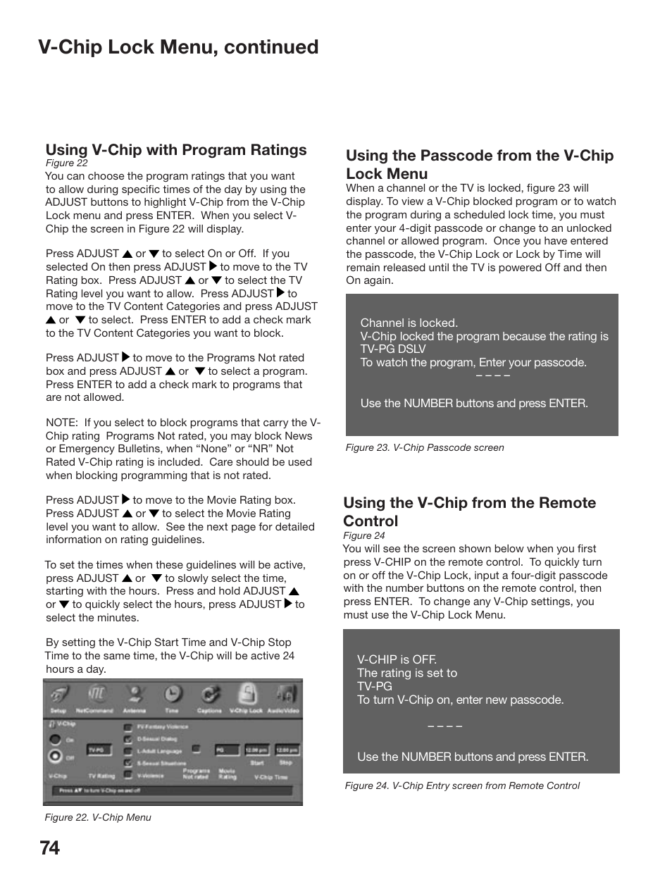 74 75 v-chip lock menu, continued, Using the passcode from the v-chip lock menu, Using the v-chip from the remote control | Using v-chip with program ratings | MITSUBISHI ELECTRIC WD-52825 User Manual | Page 74 / 112