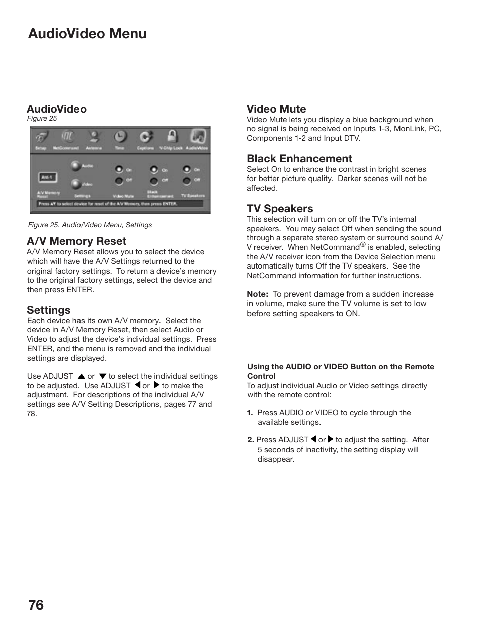 Audiovideo menu, Audiovideo, Settings | Video mute, Black enhancement, Tv speakers | MITSUBISHI ELECTRIC WD-52825 User Manual | Page 76 / 112