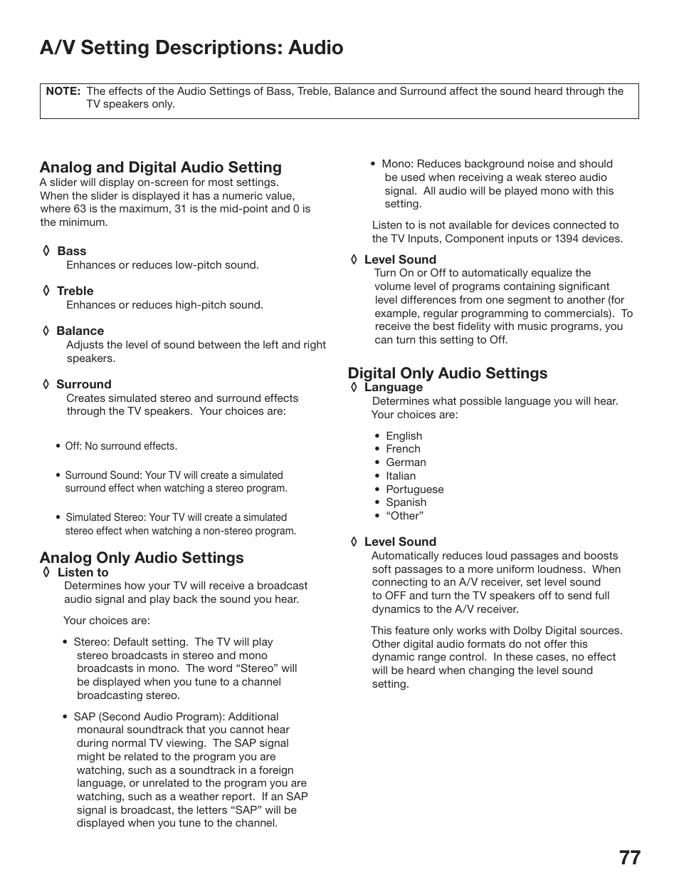 76 77 a/v setting descriptions: audio, Analog and digital audio setting, Analog only audio settings | Digital only audio settings | MITSUBISHI ELECTRIC WD-52825 User Manual | Page 77 / 112