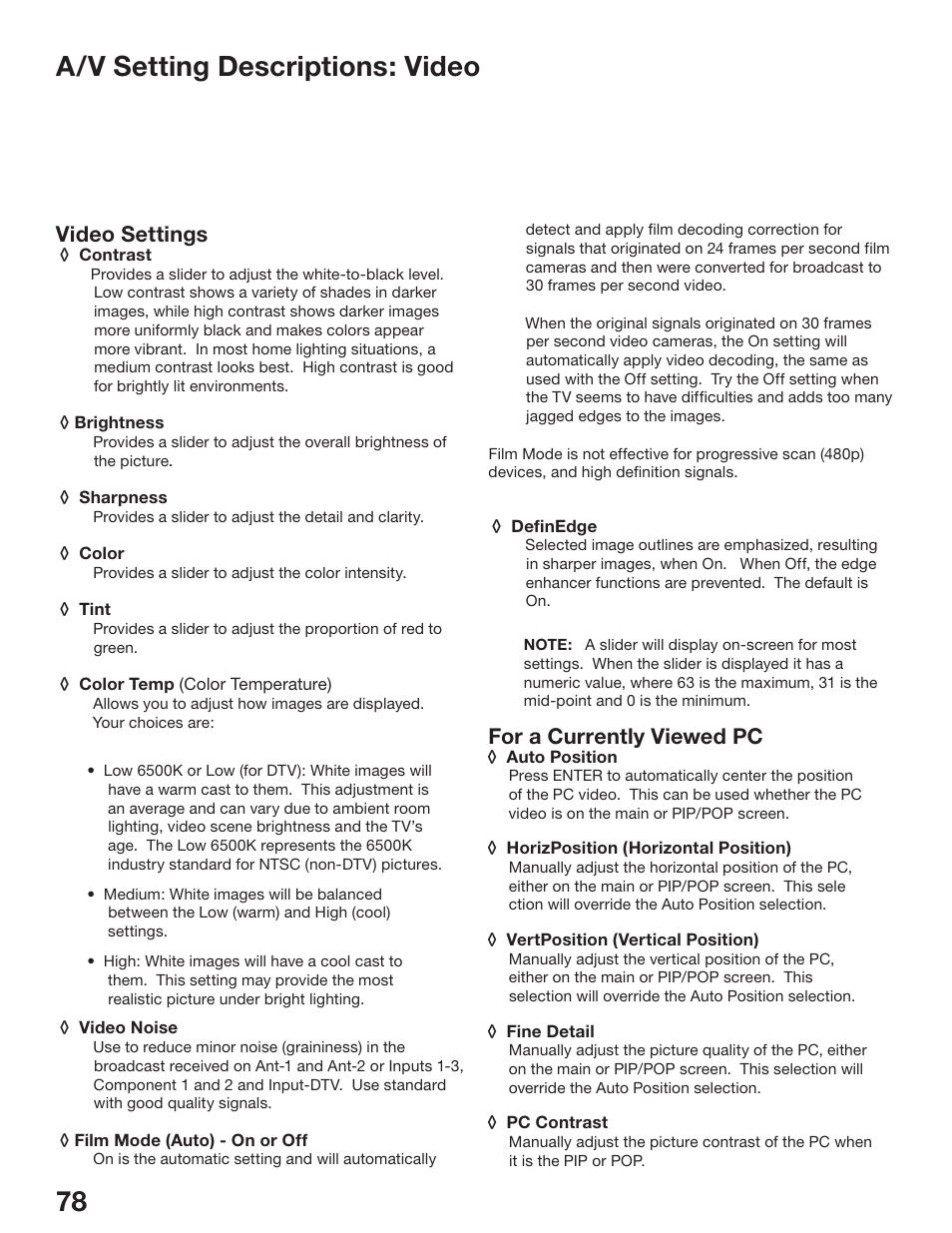 78 79 a/v setting descriptions: video, Video settings, For a currently viewed pc | MITSUBISHI ELECTRIC WD-52825 User Manual | Page 78 / 112