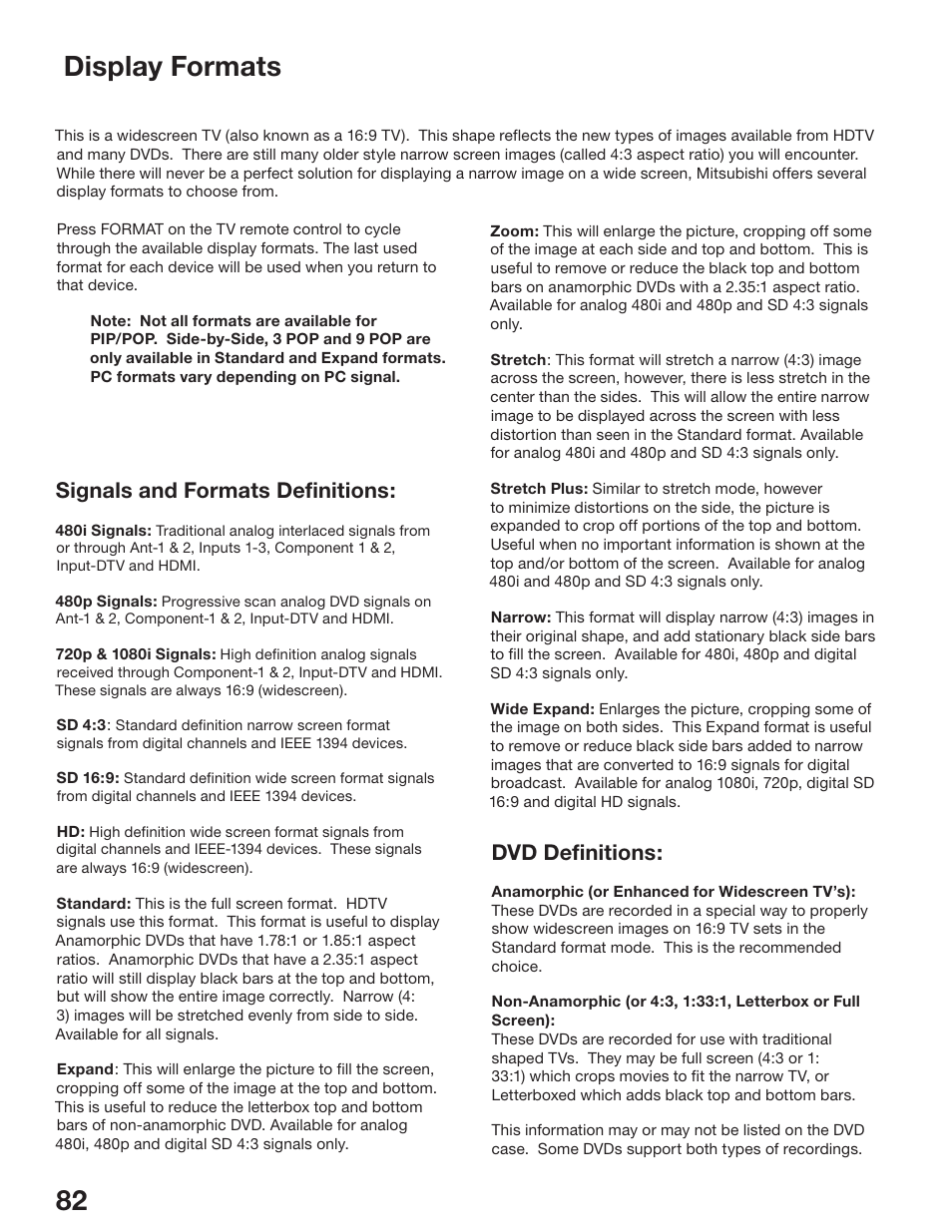 82 83 display formats, Signals and formats definitions, Dvd definitions | MITSUBISHI ELECTRIC WD-52825 User Manual | Page 82 / 112