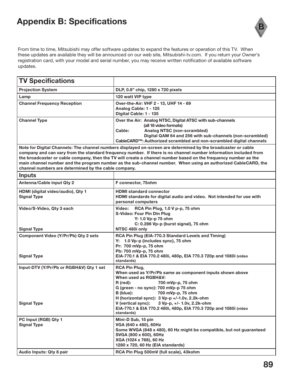 88 89 appendix b: specifications, Tv specifications | MITSUBISHI ELECTRIC WD-52825 User Manual | Page 89 / 112