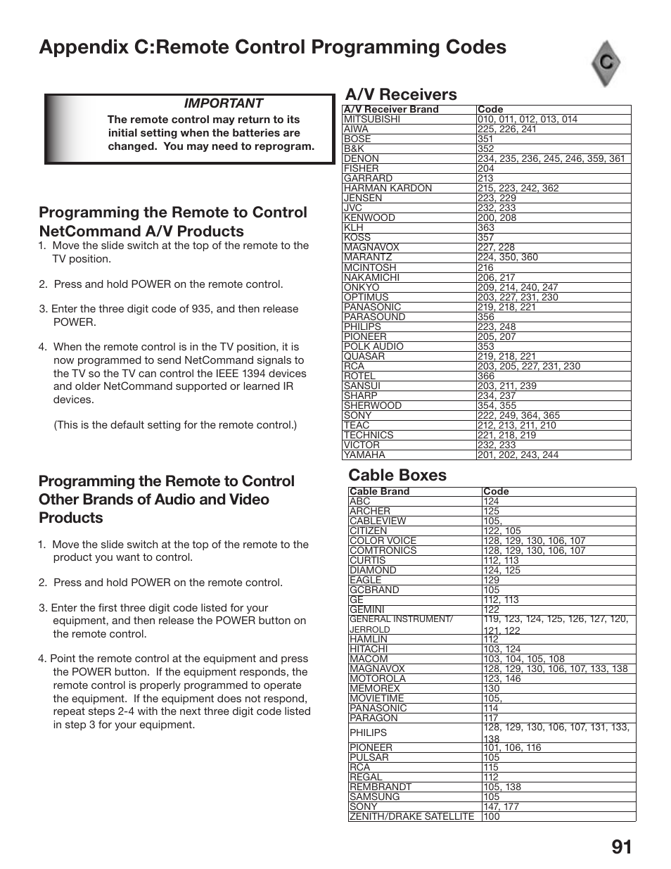 90 91 appendix c:remote control programming codes, Cable boxes, A/v receivers | MITSUBISHI ELECTRIC WD-52825 User Manual | Page 91 / 112