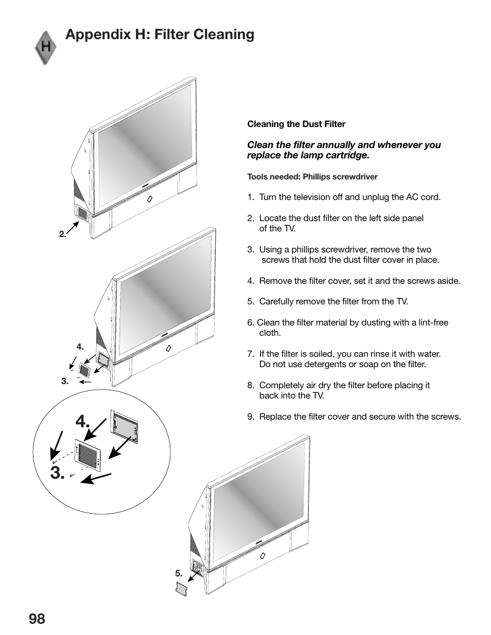 Appendix h: filter cleaning | MITSUBISHI ELECTRIC WD-52825 User Manual | Page 98 / 112