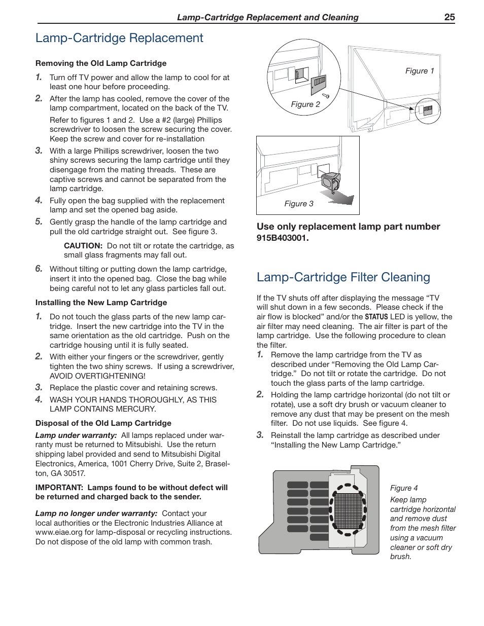 Lamp-cartridge replacement, Lamp-cartridge filter cleaning | MITSUBISHI ELECTRIC WD-73837 User Manual | Page 25 / 30