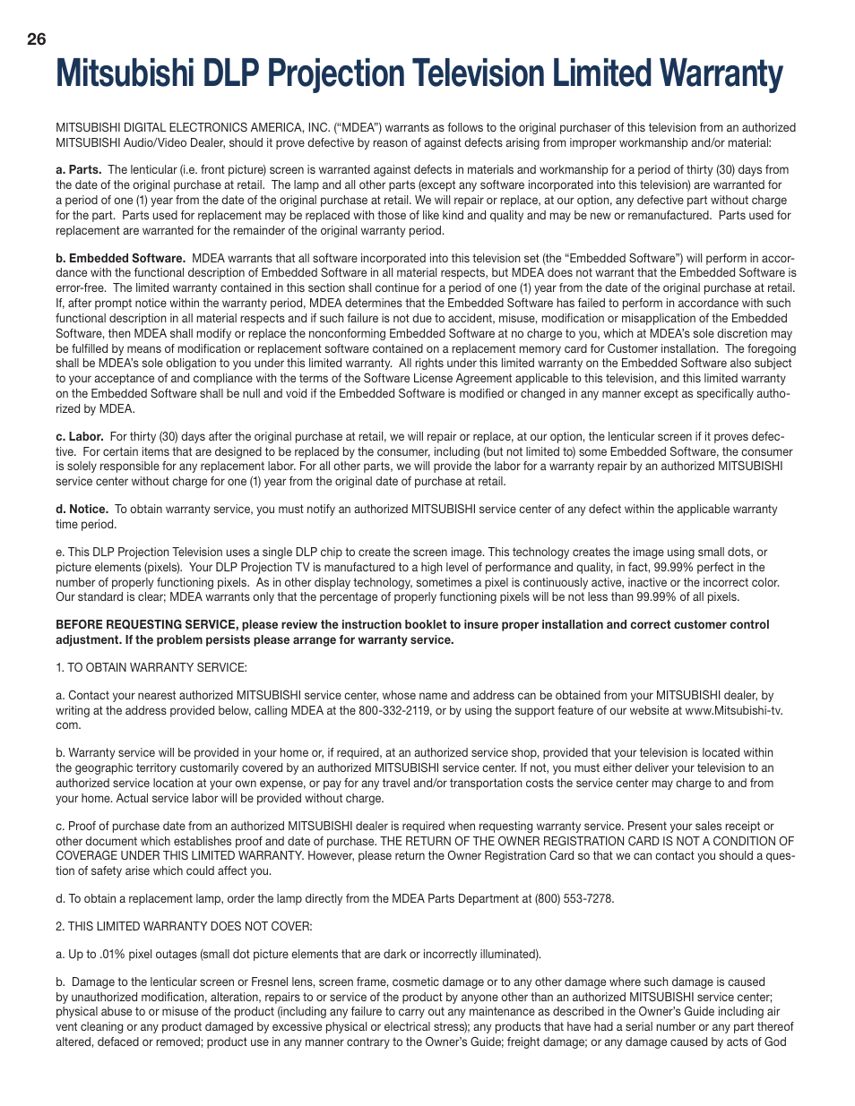 MITSUBISHI ELECTRIC WD-73837 User Manual | Page 26 / 30