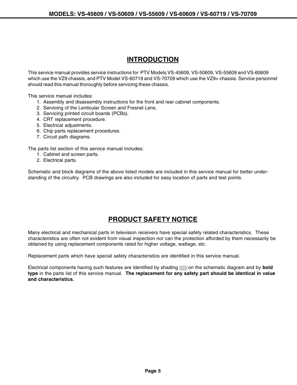 Introduction, Product safety notice | MITSUBISHI ELECTRIC VS-60609 User Manual | Page 5 / 71