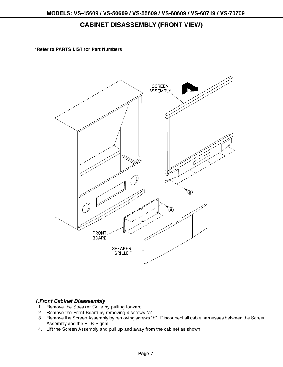 Cabinet disassembly (front view) | MITSUBISHI ELECTRIC VS-60609 User Manual | Page 7 / 71