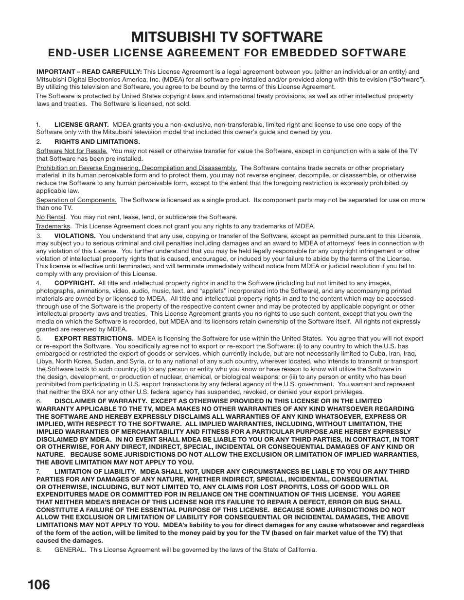 Mitsubishi tv software, End-user license agreement for embedded software | MITSUBISHI ELECTRIC WD-52527 User Manual | Page 106 / 110