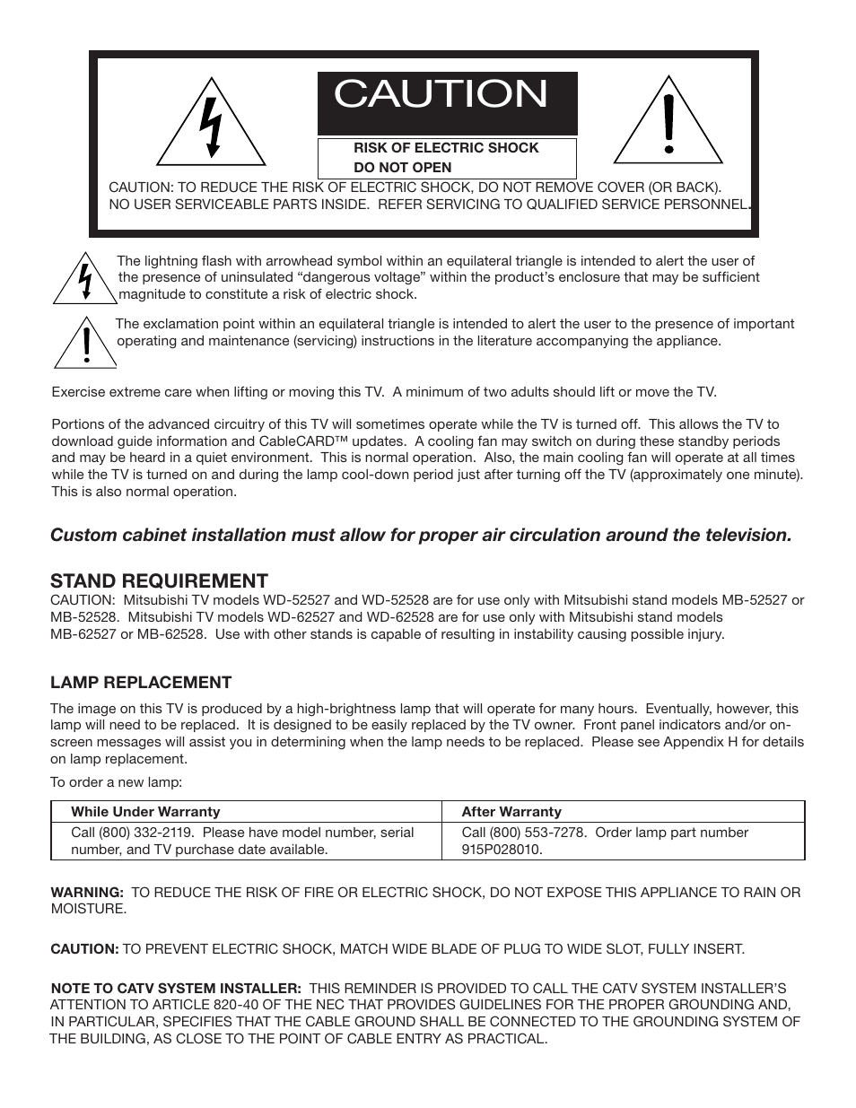 Caution, Stand requirement | MITSUBISHI ELECTRIC WD-52527 User Manual | Page 2 / 110