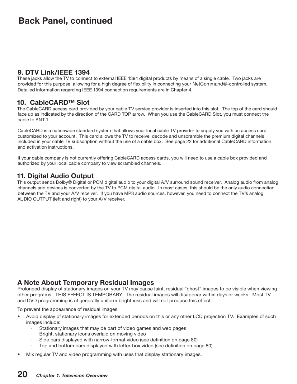 Back panel, continued, Dtv link/ieee 139, Cablecard™ slot | Digital audio output | MITSUBISHI ELECTRIC WD-52527 User Manual | Page 20 / 110