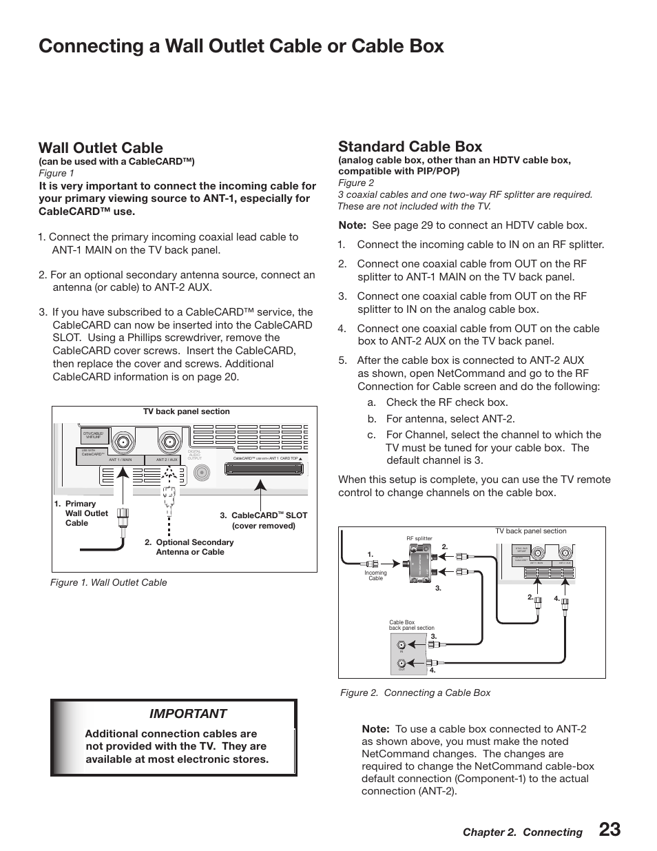 Connecting a wall outlet cable or cable box, Wall outlet cable, Standard cable box | Important, Can be used with a cablecard™) figure 1 | MITSUBISHI ELECTRIC WD-52527 User Manual | Page 23 / 110