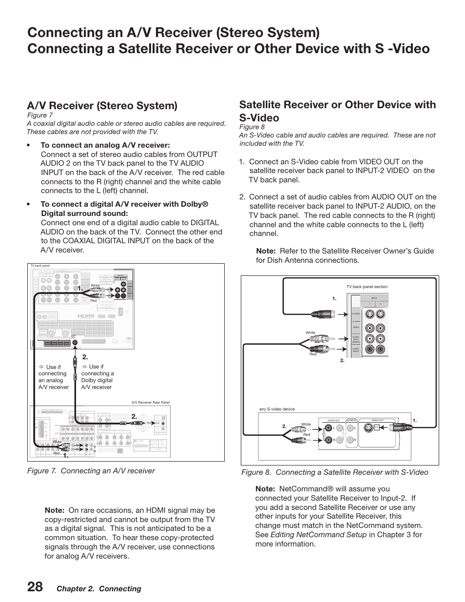A/v receiver (stereo system), Satellite receiver or other device with s-video, Chapter 2. connecting | Figure 7. connecting an a/v receiver, Use with | MITSUBISHI ELECTRIC WD-52527 User Manual | Page 28 / 110